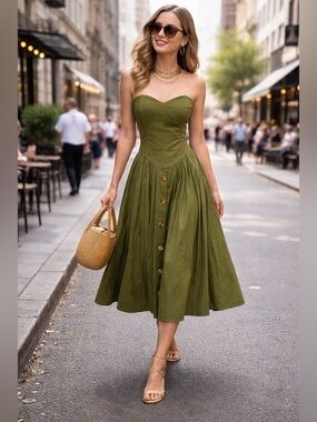 CLUES COLLECTION Vintage Strapless Olive Green Sweetheart Neckline Midi Dress